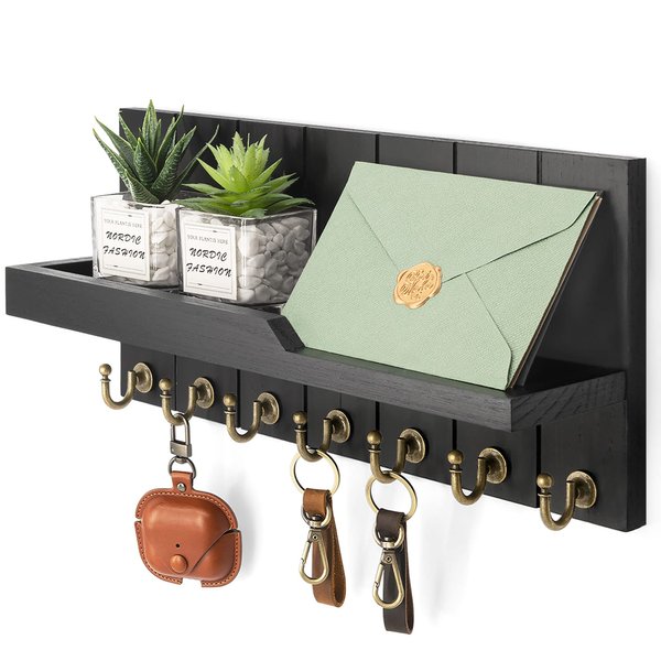 Rebee Vision Decorative Key and Mail Holder for Wall - Farmhouse 15 Inches Floating Shelf with 7 Sturdy Key Hooks for Home Entryway Wall Decor - Rustic Key Racks (Black)