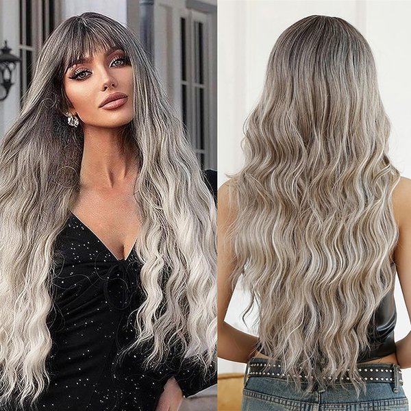 Allbell Long Curly Wavy Wig with Bangs Ash Gray Blonde Wigs witn Dark Root Synthetic Heat Resistant Wigs for Women Daily Party Use 26 Inches