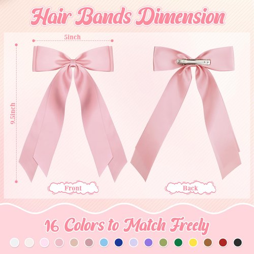 Mimorou 16 Pcs Satin Hair Bows for Women Silky Hair Clip Hair Ribbon Clip Ponytail Holder Accessories Double Tassel Slides Metal Clips Hair Bow for Women Girls Toddlers Teens Kids