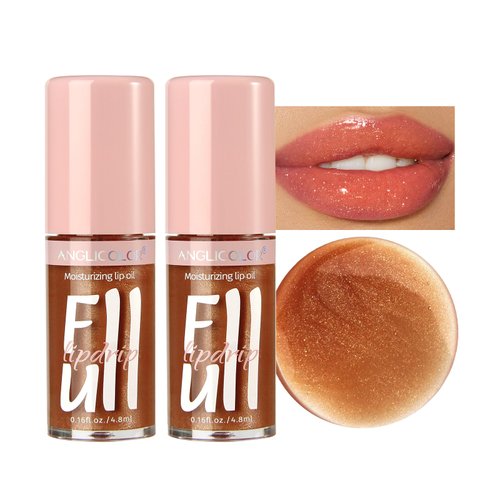 Anglicolor 2PC Lip Glow Oil Hydrating 6 Colors, Moisturizing & Nourishing Plumping Tinted Lip Gloss for Dry Lips, Vegan, Lip Plumper Gloss Make Lips Fuller (2PC#06, 7.6ml)
