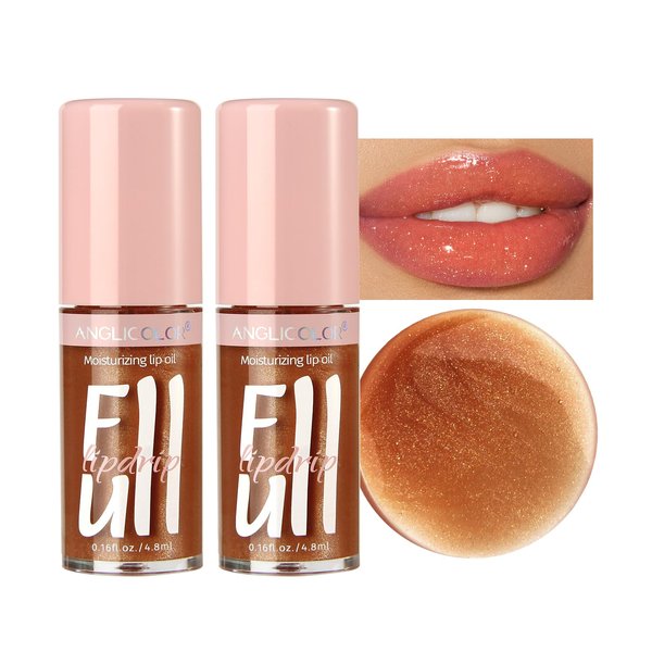 Anglicolor 2PC Lip Glow Oil Hydrating 6 Colors, Moisturizing & Nourishing Plumping Tinted Lip Gloss for Dry Lips, Vegan, Lip Plumper Gloss Make Lips Fuller (2PC#06, 7.6ml)