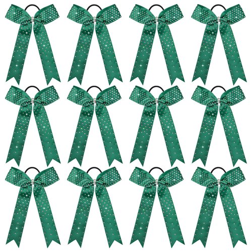 DEEKA 12 PCS Glitter Collegiate Style Cheer Bows Long Tail Full Rhinestones Skinny Shiny Cheer Bow Ponytail Holder Handmade Bows for Girls Teens Cheerleader Sports -Forest Green