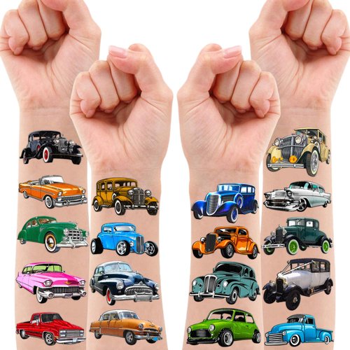 100PCS Vintage Classic Car Temporary Tattoos Themed Birthday Party Decorations Supplies Favors Decor Cool Transportation Vehicle Tattoo Stickers Gifts For Kids Adults Boys Girls School Prizes Carnival