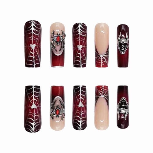 MISUD Press on Nails Long Square Fake Nails Glossy Glue on Nails Goth Black Red Ombre Acrylic Nails Squoval Artificial Nails Spider Web Stick on False Nails with Rhinestone Design 24 pcs