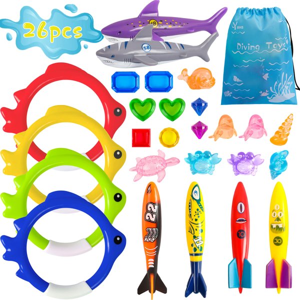 YMHB 26 Pcs Diving Pool Toys for Kids - Swimming Pool Toy with Storage Bag Includes Dive Rings Torpedo Gems Sea Animals, Summer Swim Fun Water Toys