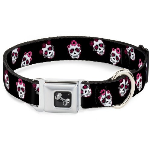 Buckle-Down Dog Collar Seatbelt Buckle Staggered Sugar Skulls Black Pink White, Multicolor, 1" Wide - Fits 11-17" Neck - Medium (DC-W34568-M)