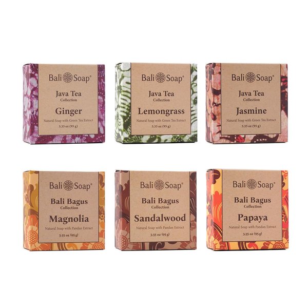 Bali Soap - Batik Gift Set - 6 pc Variety Pack - Handmade Moisturizing Natural Glycerin Soap Bar - Tropical Flowers & Spices Scents, for Face & Body, Vegan and Biodegradable, 3.5 Oz each