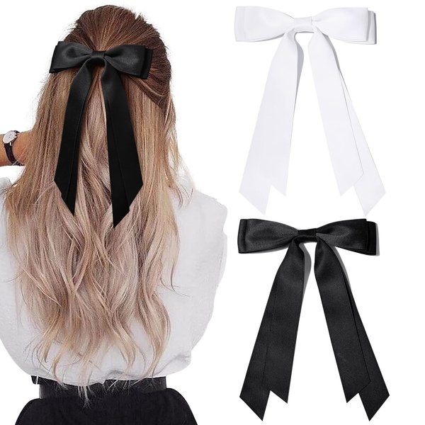 2PCS Silky Satin Hair Bows Hair Clip Black White Hair Ribbon Ponytail Holder Accessories Slides Metal Clips Hair Bow for Women Girls Toddlers Teens Kids