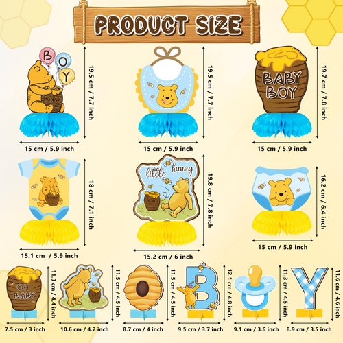 Z1juce Winnie Boys Honeycomb Centerpieces - 12PCS Winnie Honeycomb Centerpieces for Baby Shower Decorations Winnie Boys Birthday Party Table Centerpieces Table Topper for Baby Birthday Party Supplies