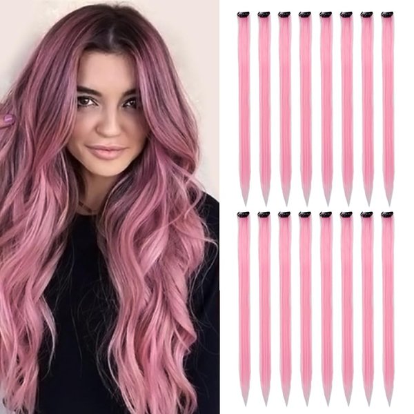 KGBFASS Colored Clip In Hair Extensions 20Inch Straight Syntactic Pink Color Hairpiece Rainbow Party Highlights for Women Girls Kids 16Pcs (Pink Ⅱ)