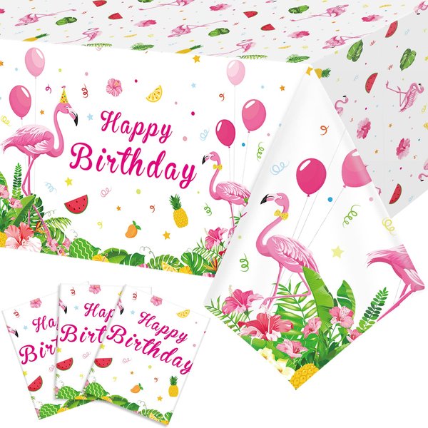 3 Pcs Happy Birthday Flamingo Tablecloth Rectangular Luau Party Tablecloth Tropical Plastic Pink Flamingo Table Cover for Flamingo Birthday Party Decorations Summer Picnic Beach, 54 x 108 Inch