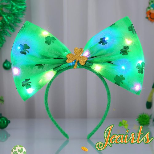 JEAIRTS St. Patrick's Headbands Light Up Bow Hair Band Green Shamrock Headpiece Irish Holiday Hair Accessories for Women