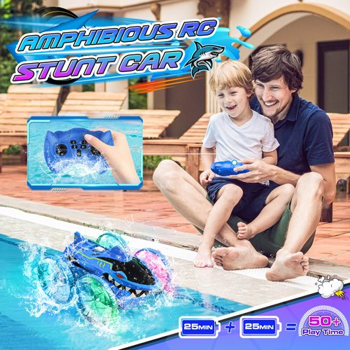 Toys for Ages 5-7 Boys, Amphibious Remote Control Car 4WD Waterproof 2.4Ghz Fast Stunt RC Car 360° Rotating with Lights Xmas Gifts for 3-12 Year Old Boys Girls All Terrain Water Beach Pool Toys