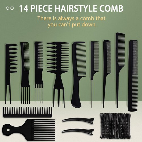 14 PCS Professional Hair Comb Set for Women Men, Hair Stylists Styling Hair Combs Set Accessories Variety curl wide tooth rat tail comb Hairpin Great for Variety Hair Types & Styles Black