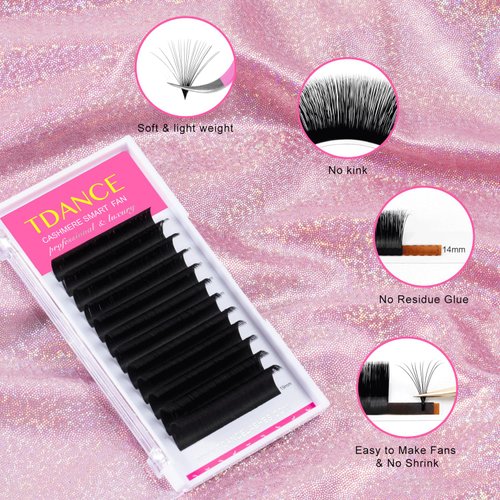 TDANCE Cashmere Easy Fan Lash Extensions Self Fanning Mega Volume Lash Extensions 0.07mm D Curl 14mm Single Length Matte Black Eyelash Extensions(0.07-D,14mm)