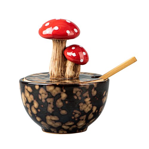 Mushroom Salt Cellar With Lid and Spoon Ceramic Salt Box Brown Salt Holder With Lid Salt Container Salt Bowl Salt Dish With Bamboo Spoon