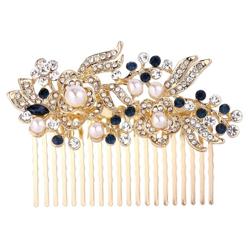 EVER FAITH Wedding Hair Comb Rhinestone Pearl Bride Hair Accessories Flower Vine Hair Piece for Bridesmaids Blue Silver-Tone