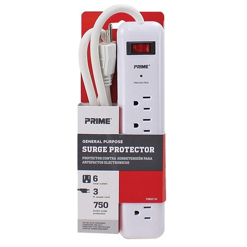 Prime Wire PB802124 6-Outlet Household Electronics Surge Protector with 14/3 SJT 3-Feet Cord.