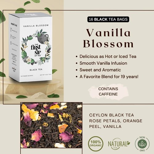 Vanilla Blossom Black Tea, Tea Bags, Rose, Orange & Vanilla, High Caffeine, Perfect Iced & Hot Tea - 16 Cups | The Spice Hut, First Sip of Tea