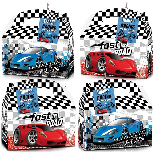 HAPPARTY 24PCS Race Car Party Favor Gift Boxes With Thank You Card Tags, Black White Checkered Racing Car Goodie Candy Treat Box,Sport Race Car Birthday Baby Shower Party Decorations Supplies