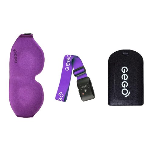 GEGO Premium Travel Kit, Sleep Mask 3D Contoured Eye with Soft Memory Foam, Luggage Tag Waterproof Resistant and Strap with Lock for Luggage TSA Approved (Sleep Mask Purple/Luggage Tag Black)