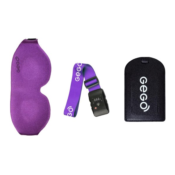 GEGO Premium Travel Kit, Sleep Mask 3D Contoured Eye with Soft Memory Foam, Luggage Tag Waterproof Resistant and Strap with Lock for Luggage TSA Approved (Sleep Mask Purple/Luggage Tag Black)