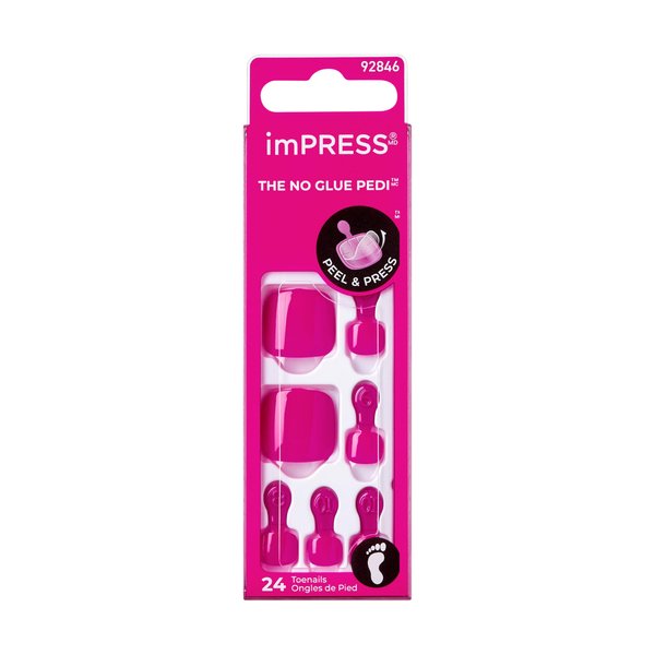 KISS imPRESS No Glue Pedi Press-On Nails, Toenails, Sweet as Honey', Medium Pink, Short Size, Squoval Shape, Includes 24 Nails, Prep Pad, Instructions Sheet, 1 Manicure Stick, 1 Mini File