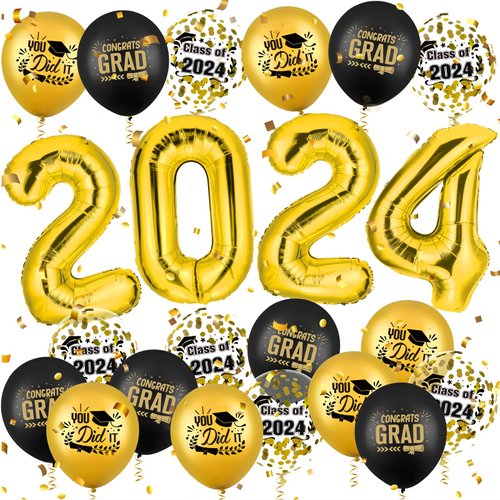2024 Graduation Party Decorations Balloons Set-40 Inch Gold Number 2024 Aluminum Foil Balloons and 18Pcs Black Gold Graduation Theme Latex Balloons Confetti Balloons for 2024 Graduation Party Supplies