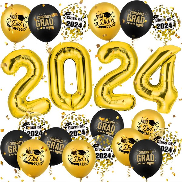 2024 Graduation Party Decorations Balloons Set-40 Inch Gold Number 2024 Aluminum Foil Balloons and 18Pcs Black Gold Graduation Theme Latex Balloons Confetti Balloons for 2024 Graduation Party Supplies
