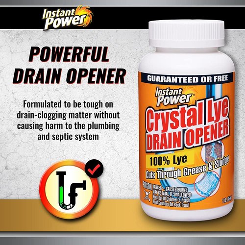 Instant Power Crystal Lye Drain Opener, Lye Sodium Hydroxide, Unclogs Bathroom and Kitchen Sinks, Drains, Shower Pipes 1 Lb