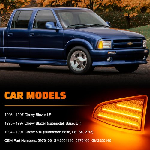 UNIONSTAR LED Front Corner Light Side Marker Light Compatible with 1994-1997 Chevy Blazer S10, Driver & Passenger Side, Side Marker Turn Signal Corner Lamps，OEM Part Number: ‎‎GM2551140、GM2550140