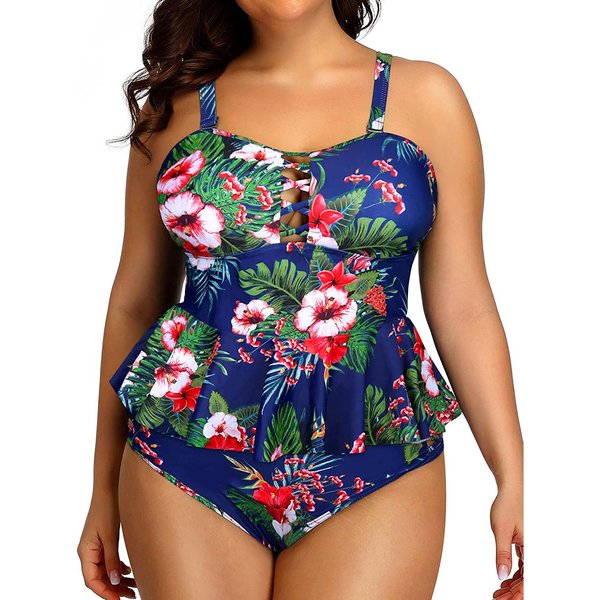 Yonique Plus Size Swimsuits for Women Tummy Control Two Piece Bathing Suits Peplum Tankini Tops High Waisted Swimwear Blue 18plus