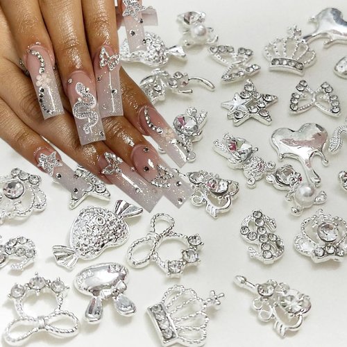 30Pcs Luxury Silver Nail Charms Shiny Pearl Alloy Nail Rhinestones Butterfly Heart Star Nail Charms Metal Snake Flower Nail Art Charm Nail Gems for Nails Women Acrylic Nail Jewels Nail Art Decorations