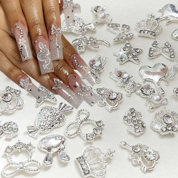 30Pcs Luxury Silver Nail Charms Shiny Pearl Alloy Nail Rhinestones Butterfly Heart Star Nail Charms Metal Snake Flower Nail Art Charm Nail Gems for Nails Women Acrylic Nail Jewels Nail Art Decorations