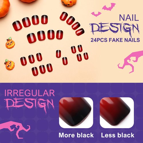 Kikmoya Halloween Fake Nails Short Square Press on Nails with Ombre Red Black Design False Nails 24pcs Acrylic Artificial Full Cover Stick on Nails for Women