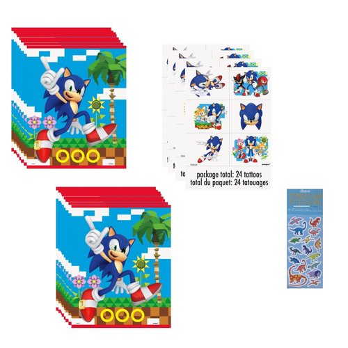 Unique Sonic Birthday Party Supplies Bundle includes 16 Plastic Loot Bags, 24 Tattoos, 1 Dinosaur Sticker Sheet
