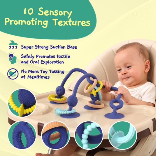 Jumble Jangle Baby Teething Toys – BPA-Free, Multi Purpose High Chair Toys for Babies: Suction Teething Relief with Sensory Toy Textures for Infants and Toddlers 0–24+ Months (Dark)