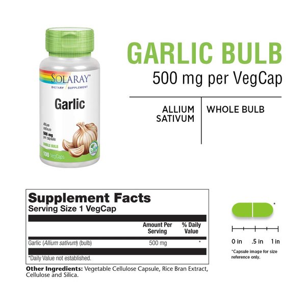 SOLARAY Garlic Bulb 500 mg | Healthy Immune, Circulatory & Cardiovascular Systems Support | Vegan, Non-GMO | 100 VegCaps