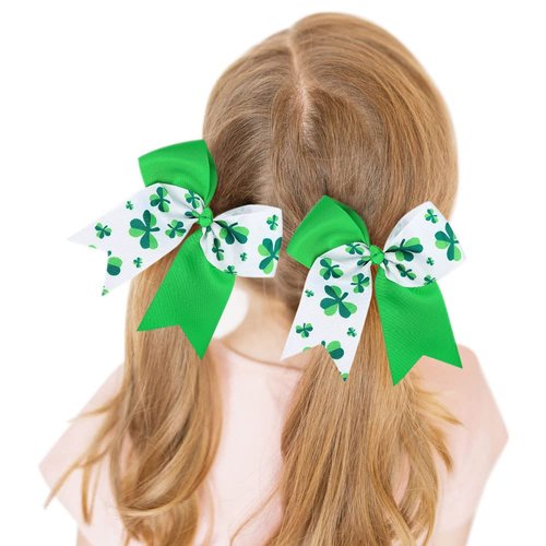 Clover Shamrock Hair Bows for Girls St Patrick's Day Hair Accessories Big Bows for Hair Ties Rope Scrunchies Green Cheer Bows for Cheerleader Ponytail Holder 2 PCs