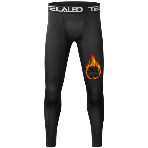 TELALEO Boys Thermal Compression Leggings Pants Youth Fleece Lined Base Layer Tights Cold Weather Heat Gear (Fireball is an AD) Black L