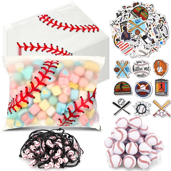Huquary 390 Pcs Baseball Party Favors Set Waterproof Baseball Gift Goodie Bags Foam Baseball Stress Ball Baseball Sports Bracelets Baseball Stickers for Baseball Themed Birthday Party Favor Decoration