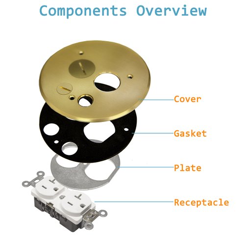 ENERLITES 705519-C Screw Cap Floor Box Cover, 5.50" Diameter, 20A Tamper-Weather Resistant Receptacle Outlet, Data Cable Holes, Watertight Gaskets, UL Listed, 975519-C, Brass