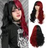 Beweig Half Red Black Wigs with Bangs Long Curly Wavy Cosplay Wig Synthetic Heat Resistant Halloween Costume Wig With Wig Cap