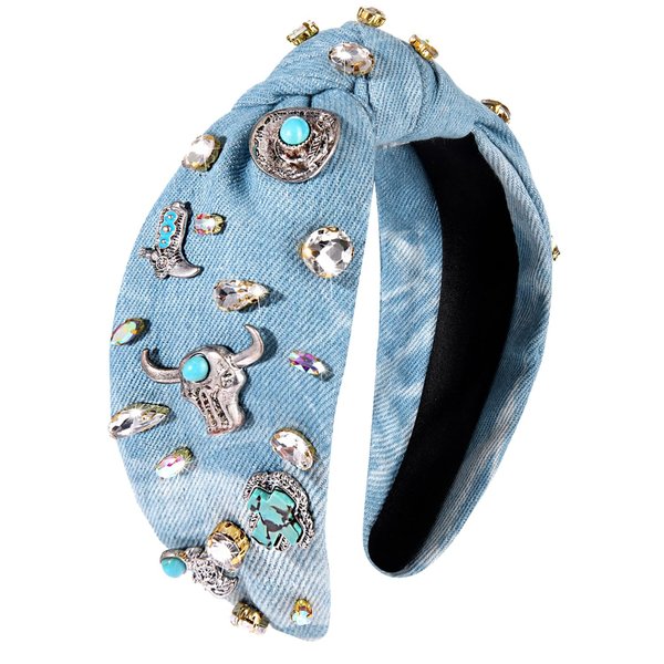 YAHPERN Crystal Knotted Headbands for Women, Rhinestone Jeweled Headbands Western Cowboy Boot Embellished Hairbands Vintage Cowgirl Rodeo Outfit Accessories (Blue 3)
