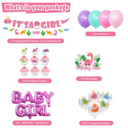 Mpanwen Girl Dinosaur Baby Shower Decorations, Pink Dinosaur Dino Party Supplies Decor for Girl Showers Birthdays with Banners Cake Topper Cupcake Topper Balloons