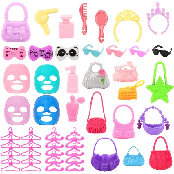 BARWA 50 Pcs Doll Accessories Include 8 Dollhouse Crown Headband Hair Dryer, 20 Bow Hangers, 8 Facial Mask Sets, 10 Bags, 4 Glasses for 11.5 Inch Girl Dolls