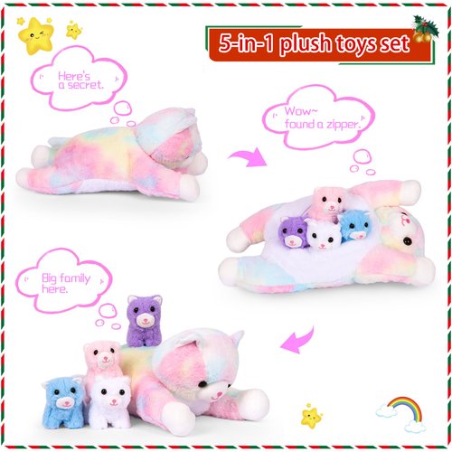 5 Pieces Cat Stuffed Animals for Girls, 1 Big Colorful Mommy Cat with 4 Mini Kittens, Soft Plush Toys for Kids 3 4 5 6 7 8 9 Years, for Baby, Toddler, Girls, Boys