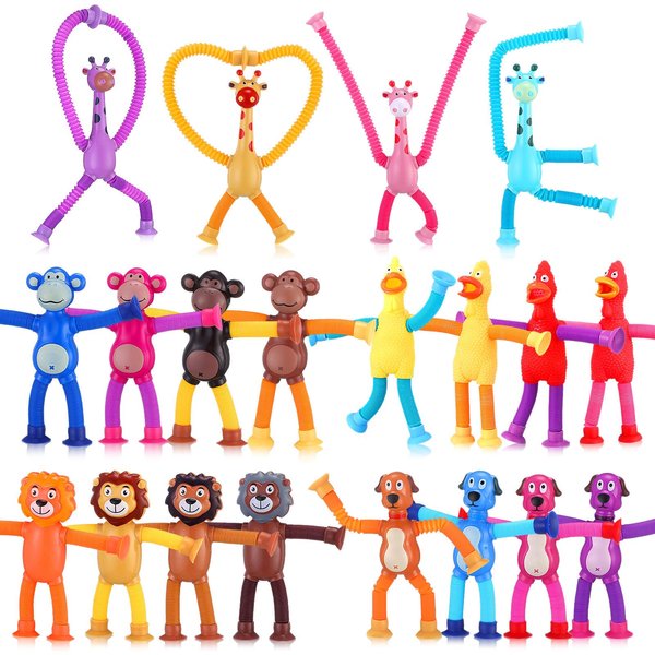 Arrowbash 20 Pcs Telescopic Suction Cup Giraffe Toy Dog Monkey Tiger Screaming Chicken Sensory Tubes Bendable Suction Toys Educational Fidget Toys for Girls Boys Prize(Normal)