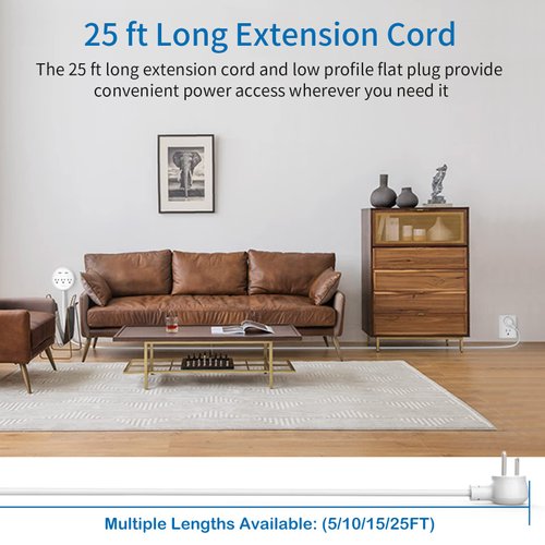 Extension Cord 25ft, NTONPOWER Power Strip with Long Extension Cord, 3 Outlet 2 USB Compact Desktop Charging Station Wall Mount for TV Living Room, Dorm, Office and Nightstand - White