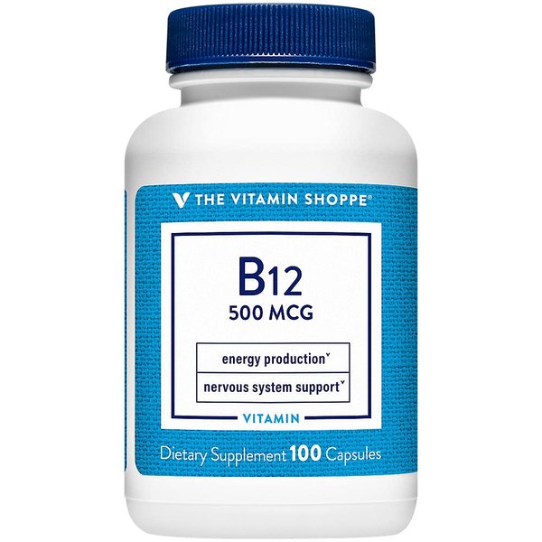 The Vitamin Shoppe Vitamin B12 500mcg - Supports Energy Production, Once Daily Dietary Supplement - Vitamin B-12 (As Cyanocobalamin), Gluten & Dairy Free (100 Capsules)